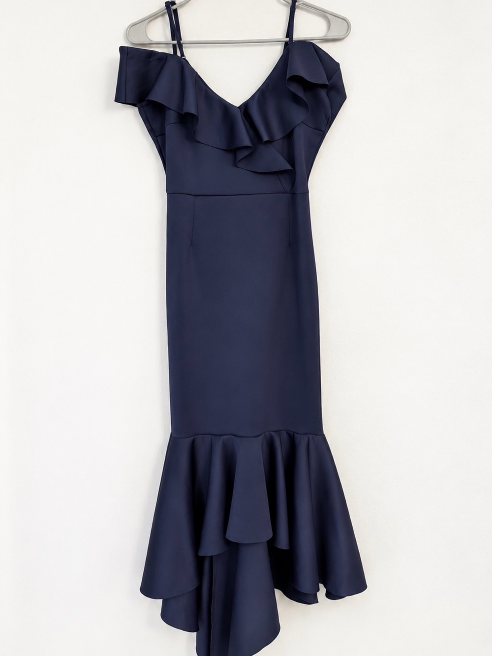 Navy Ruffle Mermaid Dress Small Asymmetrical Hem Homecoming Wedding Guest Formal